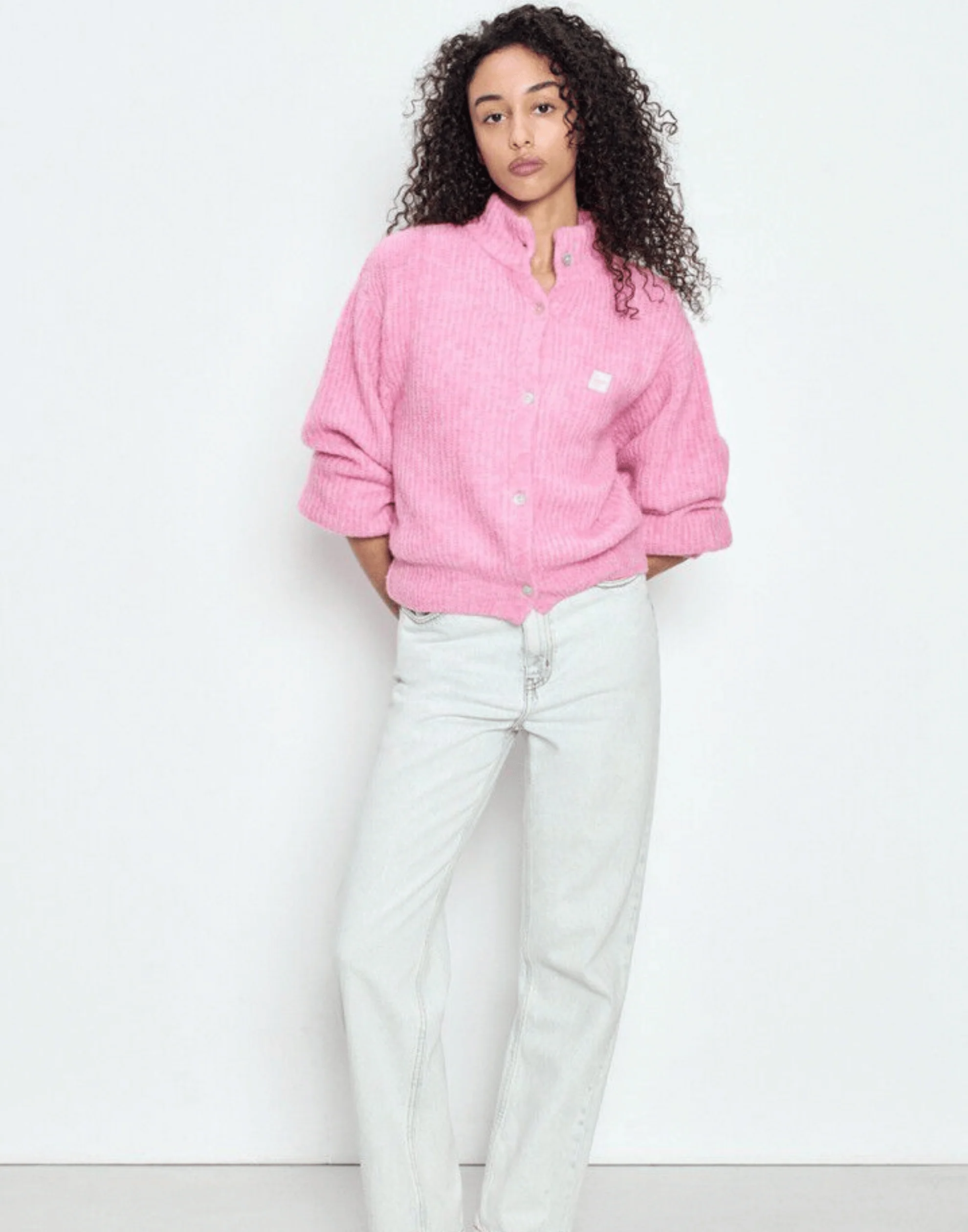 Pink Melange Wool Blend Button Cardigan - Image 3