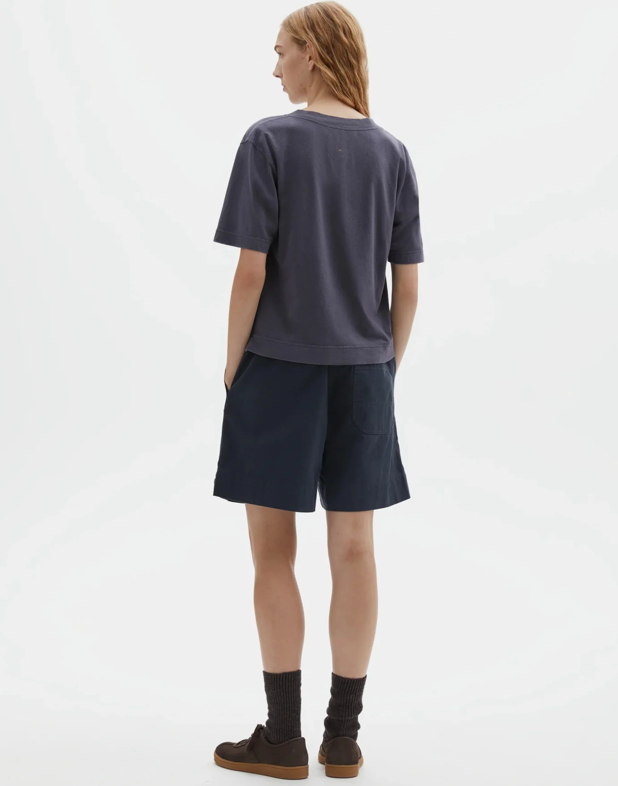 Slate Blue Cotton & Linen Simple T-Shirt - Image 3