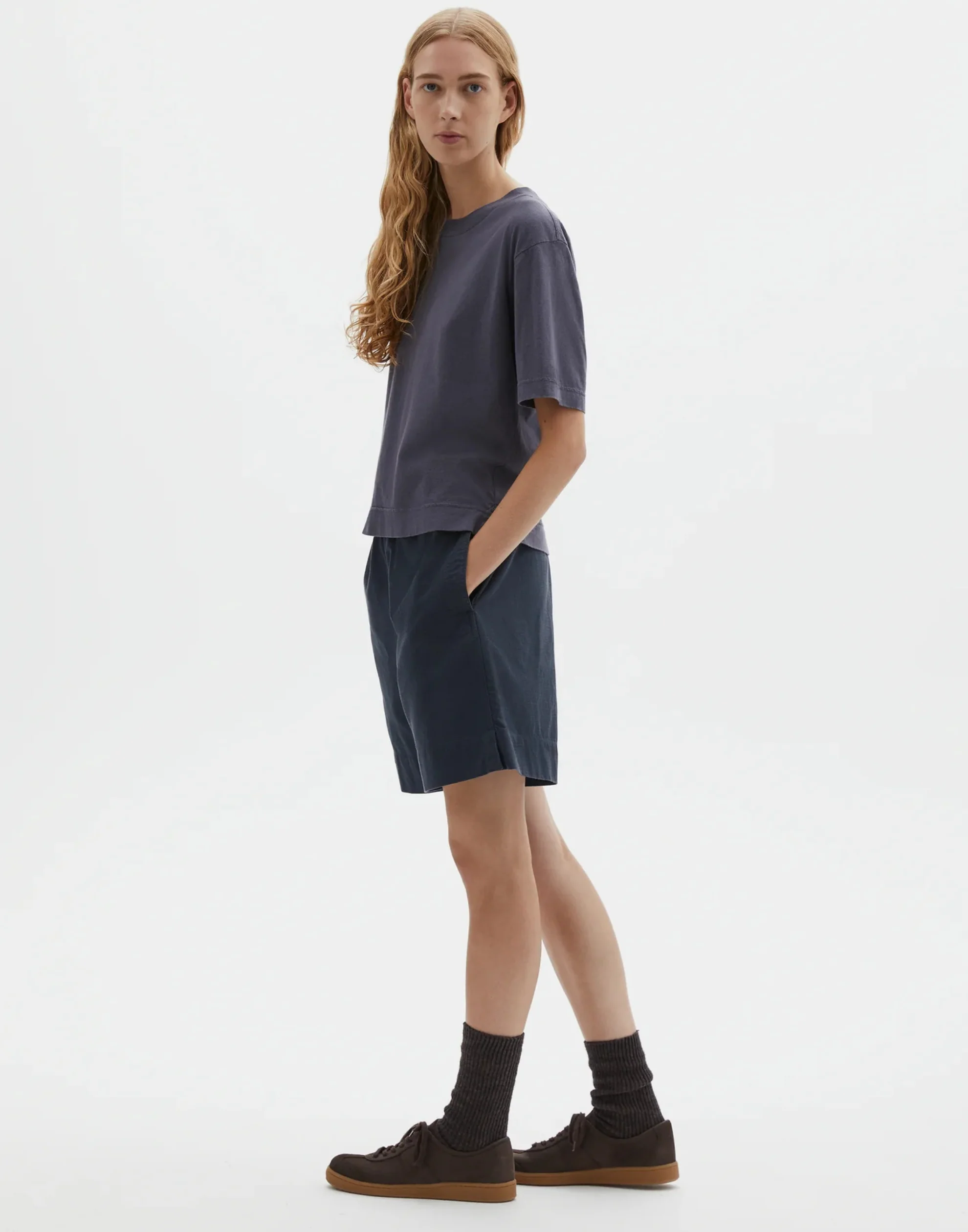 Slate Blue Cotton & Linen Simple T-Shirt - Image 4